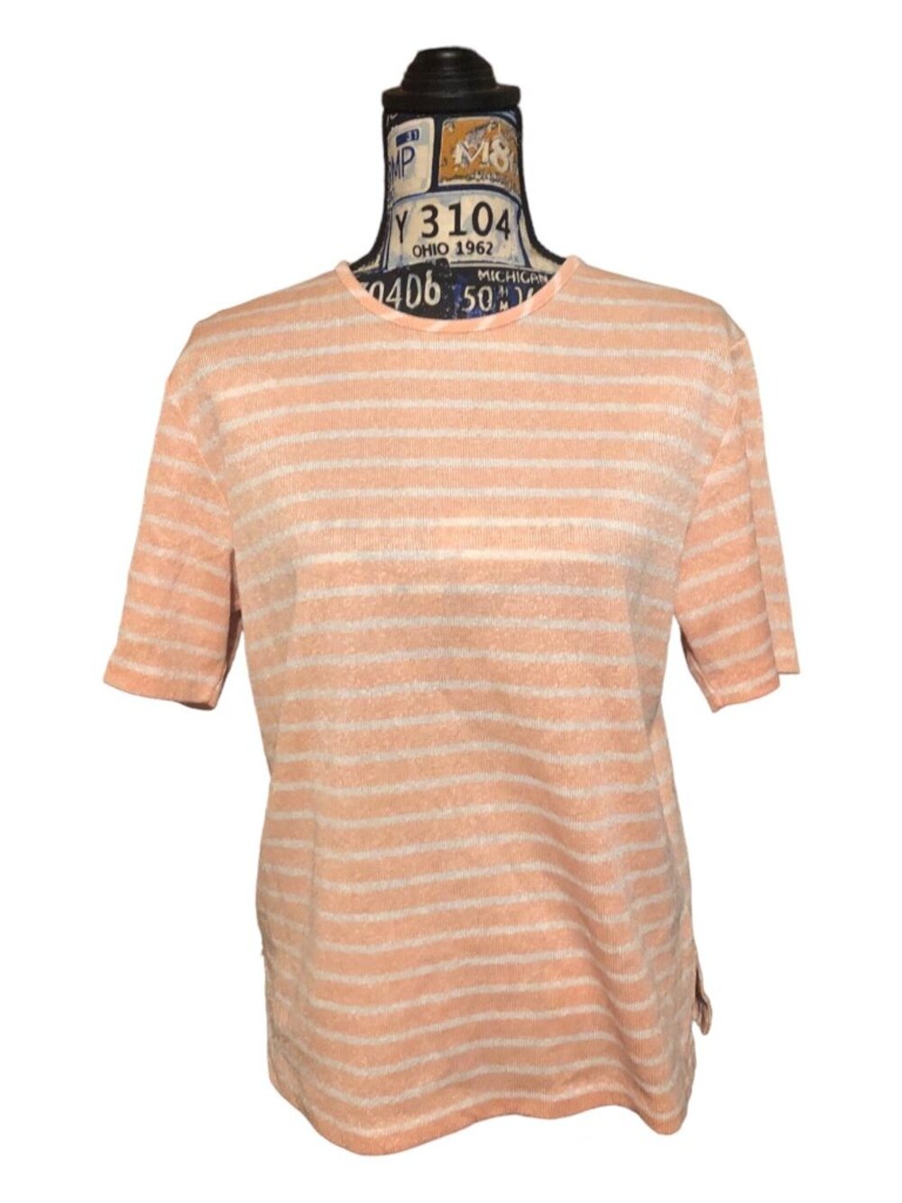Vintage Blair Light Pink White Striped Short Sleeve Blouse Sz L